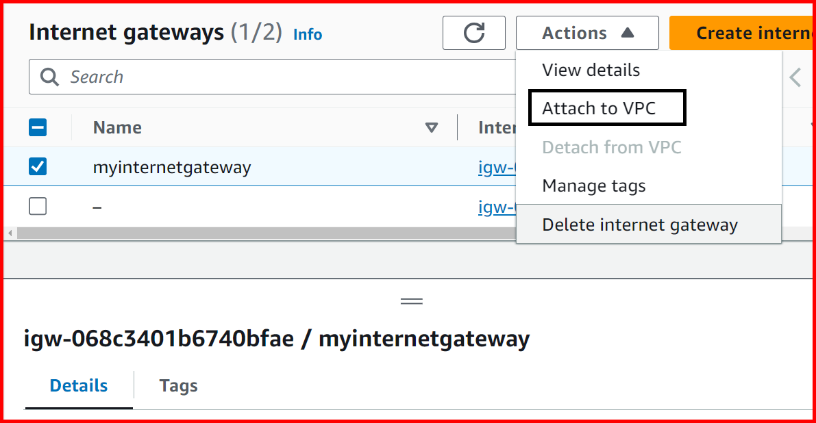 Picture showing the Attach to VPC option for attaching the VPC to internet gateway